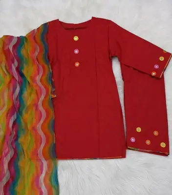 3 Pcs Women's Stitched Linen Mirror Work Suit thumbnail 2