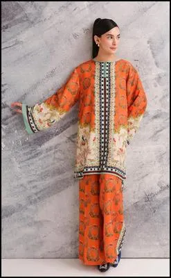 Orange Printed Swiss Lawn 2Pc Shirt & Flapper Set thumbnail 5