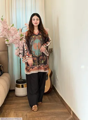 2 Pcs Women's Stitched Swiss Lawn Printed Shirt And Trouser