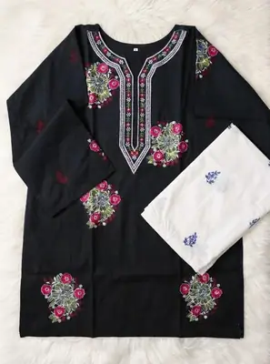 2 Pcs Women's Stitched Cotton Embroidered Shirt And Trouser