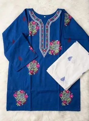 2 Pcs Women's Stitched Cotton Embroidered Shirt And Trouser