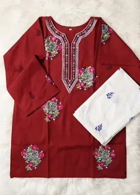 2 Pcs Women's Stitched Cotton Embroidered Shirt And Trouser