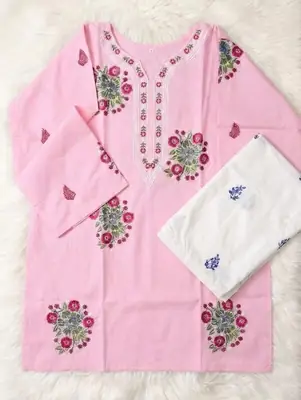 2 Pcs Women's Stitched Cotton Embroidered Shirt And Trouser
