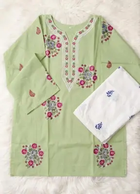 2 Pcs Women's Stitched Cotton Embroidered Shirt And Trouser