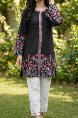 2 Pcs Women's Stitched Cotton Embroidered Shirt And Trouser