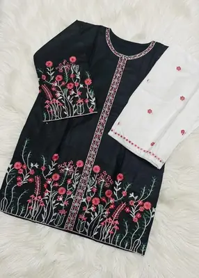 2 Pcs Women's Stitched Cotton Embroidered Shirt And Trouser thumbnail 2