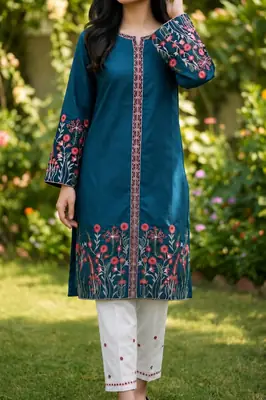 2 Pcs Women's Stitched Cotton Embroidered Shirt And Trouser