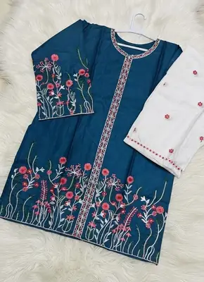 2 Pcs Women's Stitched Cotton Embroidered Shirt And Trouser thumbnail 2