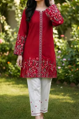 2 Pcs Women's Stitched Cotton Embroidered Shirt And Trouser