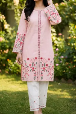 2 Pcs Women's Stitched Cotton Embroidered Shirt And Trouser