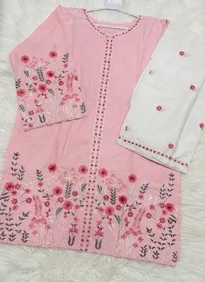 2 Pcs Women's Stitched Cotton Embroidered Shirt And Trouser thumbnail 2