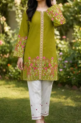 2 Pcs Women's Stitched Cotton Embroidered Shirt And Trouser