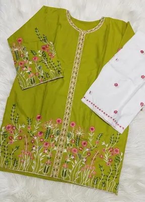 2 Pcs Women's Stitched Cotton Embroidered Shirt And Trouser thumbnail 2