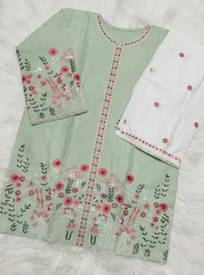 2 Pcs Women's Stitched Cotton Embroidered Shirt And Trouser thumbnail 2