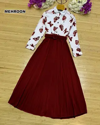 2 Pcs Women's Stitched Raw Silk Printed Skirt And Top