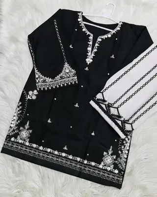 2 Pcs Women's Stitched Cotton Embroidered Shirt And Trouser