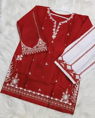 2 Pcs Women's Stitched Cotton Embroidered Shirt And Trouser