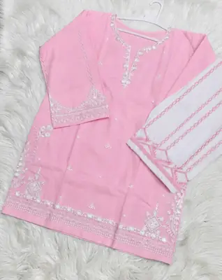 2 Pcs Women's Stitched Cotton Embroidered Shirt And Trouser