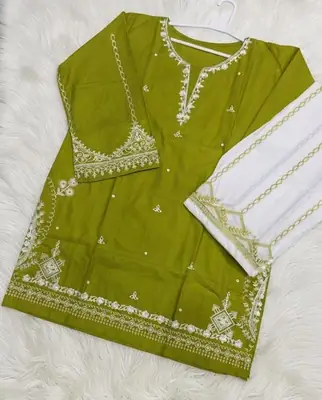 2 Pcs Women's Stitched Cotton Embroidered Shirt And Trouser