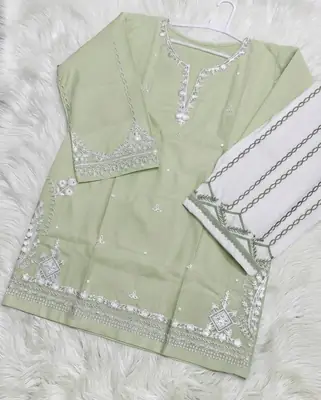 2 Pcs Women's Stitched Cotton Embroidered Shirt And Trouser