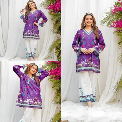 2 Pcs Women's Stitched Swiss Lawn Printed Shirt And Trouser