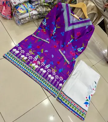 2 Pcs Women's Stitched Swiss Lawn Printed Shirt And Trouser thumbnail 2