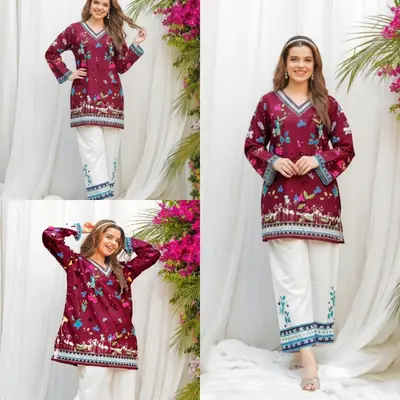 2 Pcs Women's Stitched Swiss Lawn Printed Shirt And Trouser