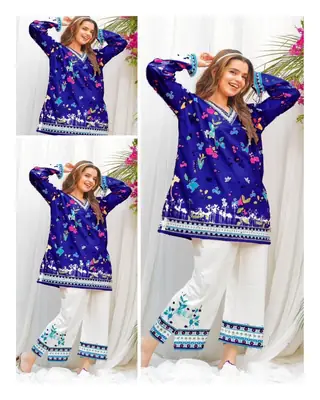 2 Pcs Women's Stitched Swiss Lawn Printed Shirt And Trouser