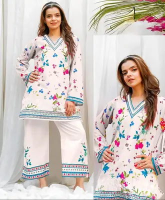 2 Pcs Women's Stitched Swiss Lawn Printed Shirt And Trouser