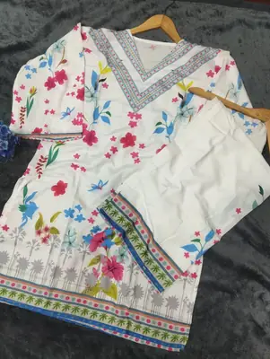 2 Pcs Women's Stitched Swiss Lawn Printed Shirt And Trouser thumbnail 2