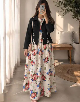 2 Pcs Women's Stitched Denim Printed Maxi And Jacket
