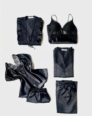 5 Pcs Women Silk Lace Night Suit Set Black