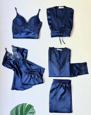 5 Pcs Women Silk Lace Night Suit Set Blue