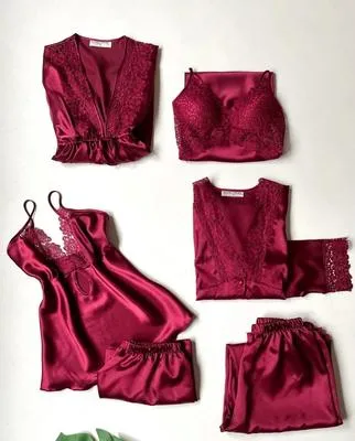 5 Pcs Women Silk Lace Night Suit Set Maroon