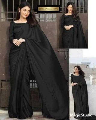 Stitched Saree in Luxurious Black Silk - 1 Pc Set for Women