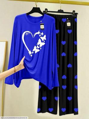 Pakistani Night Suit Cotton Jersey Heart Butterfly Print Set thumbnail 3