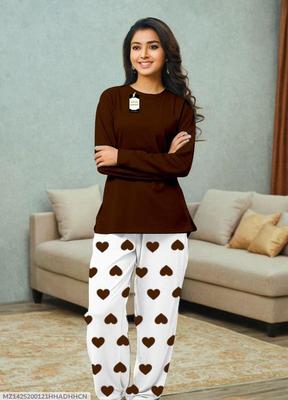 Brown Heart Print 2 Pcs Women Night Suit Cotton Jersey thumbnail 3
