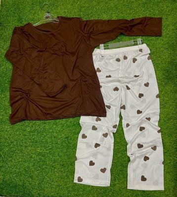Brown Heart Print 2 Pcs Women Night Suit Cotton Jersey thumbnail 2