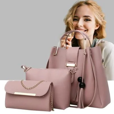 Chic Pink 3-Piece PU Leather Handbag Set for Women