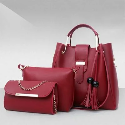 Maroon PU Leather 3-Piece Women's Handbag Set thumbnail 3