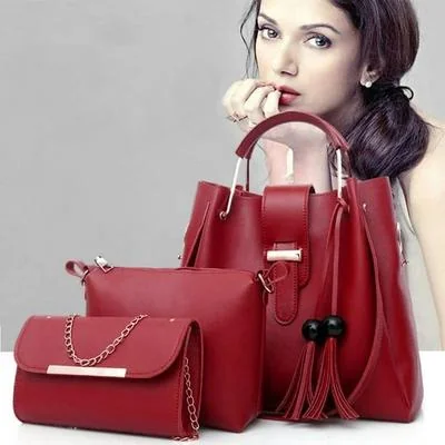 Maroon PU Leather 3-Piece Women's Handbag Set thumbnail 4