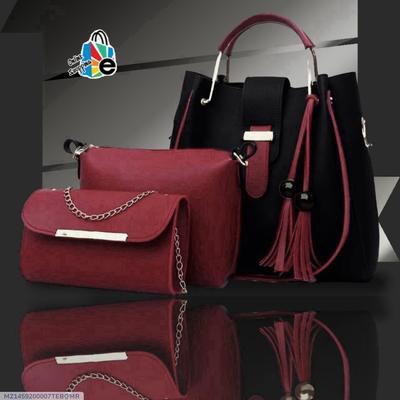 3-Piece Leather Handbag Set Maroon Black Tote Clutch thumbnail 7