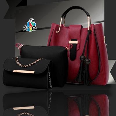 3-Piece Leather Handbag Set Maroon Black Tote Clutch thumbnail 2