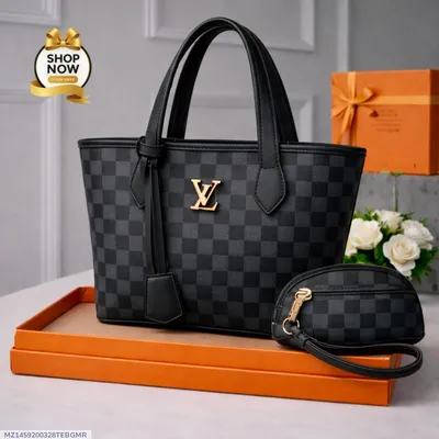 Women Printed Rexine Handbag Set Black Brown Off White 2 Pcs thumbnail 1