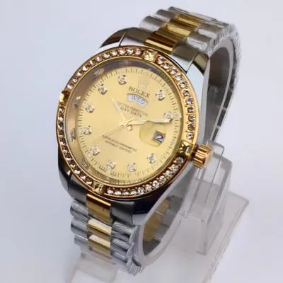 Men's Gold Silver Two Tone Watch with Diamonds & Day Date