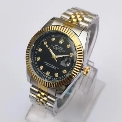 Men Rolex Datejust Watch Gold Steel Black Dial