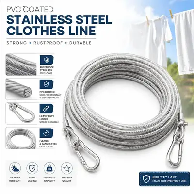 PVC Coated Wire Laundry Rope with hooks- 10 meter