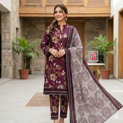 Stylish 3 Pcs Women's Unstitched Digital Print Suit thumbnail 8