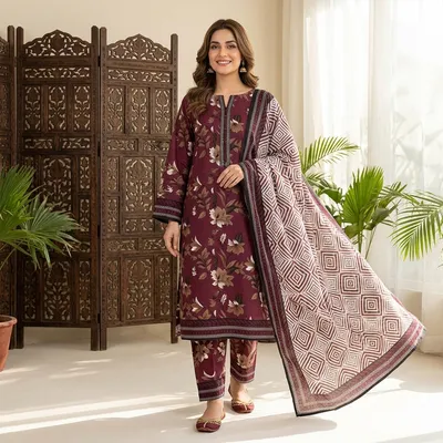 Stylish 3 Pcs Women's Unstitched Digital Print Suit thumbnail 9