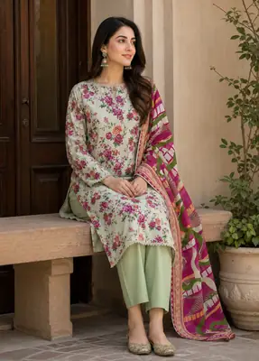 Stylish 3 Pcs Women's Unstitched Lawn Digital Print Suit thumbnail 4